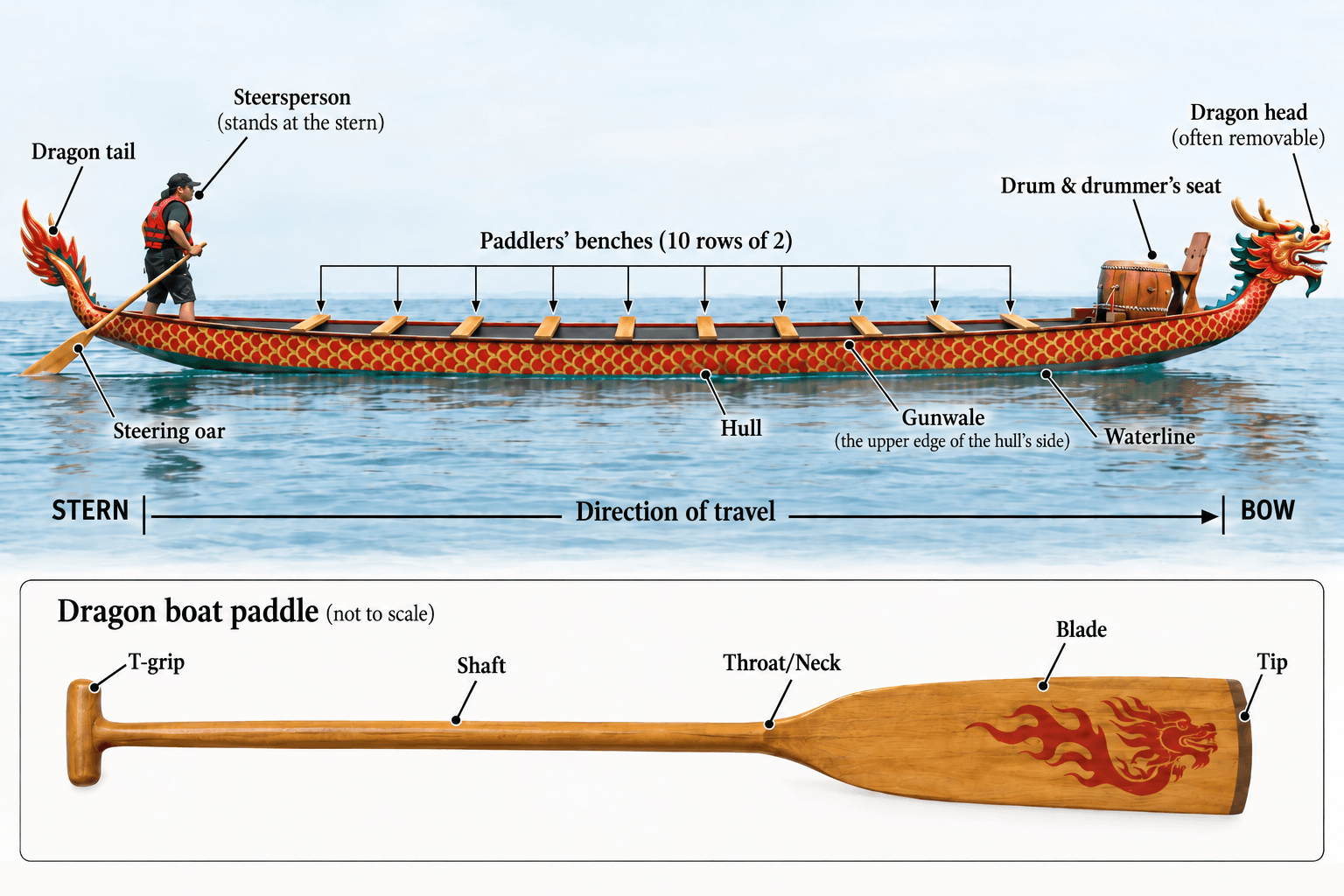 Labeled side-view diagram of a dragon boat from stern to bow, showing the dragon tail, steersperson and steering oar at the stern, paddlers' benches in 10 rows of 2, the gunwale, hull, and waterline, the drum and drummer's seat, and the dragon head at the bow, with a separate paddle labeled T-grip, shaft, throat/neck, blade, and tip