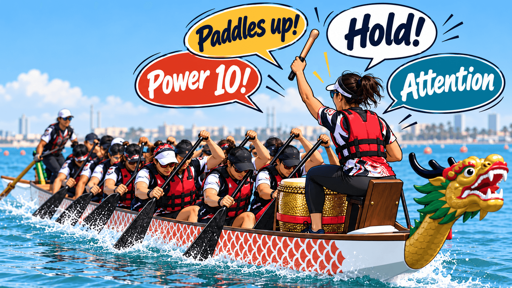 Illustration of a drummer calling commands to a dragon boat crew, with speech bubbles reading Paddles up, Power 10, Hold, and Attention