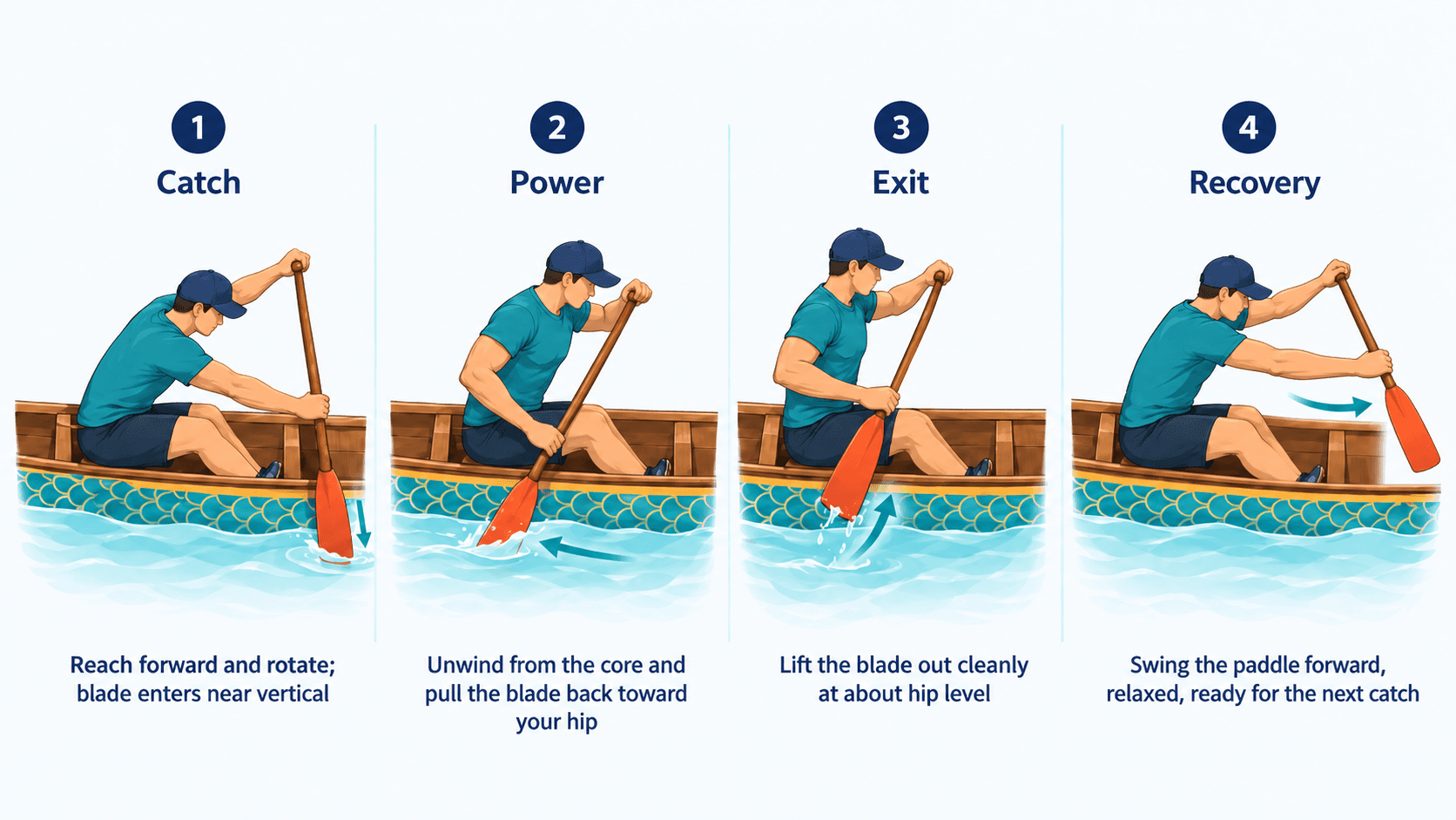 Four-panel diagram of the dragon boat stroke cycle: 1, the catch, reaching forward with the blade entering the water near vertical; 2, the power phase, unwinding from the core to pull the blade back toward the hip; 3, the exit, lifting the blade cleanly out at about hip level; 4, the recovery, swinging the paddle forward relaxed and ready for the next catch